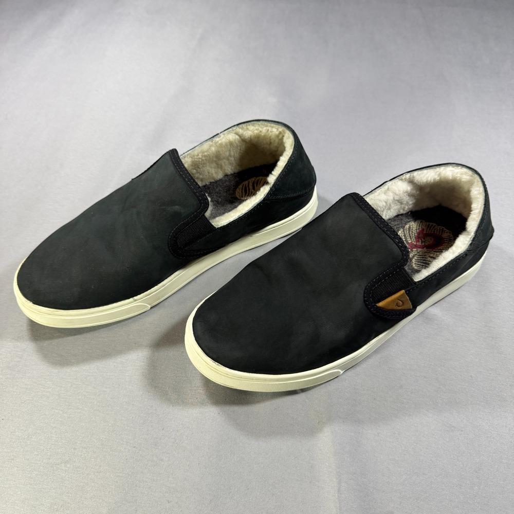 OluKai Pehuea Heu Womens 8 Black Leather Shearling Slip On Shoes 20391-LRLR